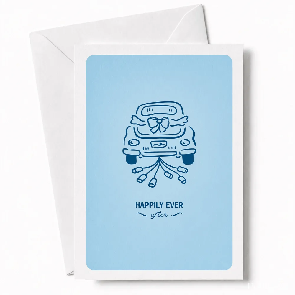 Happily Ever After | Wedding Car Greeting Card - wedding car, wedding card, illustrated vintage, car decorated, tin cans