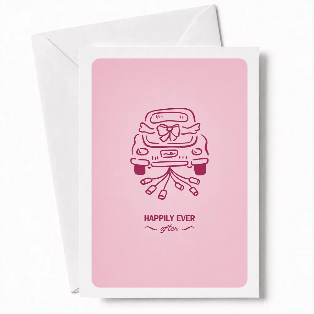 Happily Ever After | Wedding Car Greeting Card - wedding car, wedding card, illustrated vintage, car decorated, tin cans