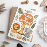 Happy 1st Birthday Safari Animals Watercolour Card - 1st birthday, birthday cards, happy 1st birthday, birthday safari