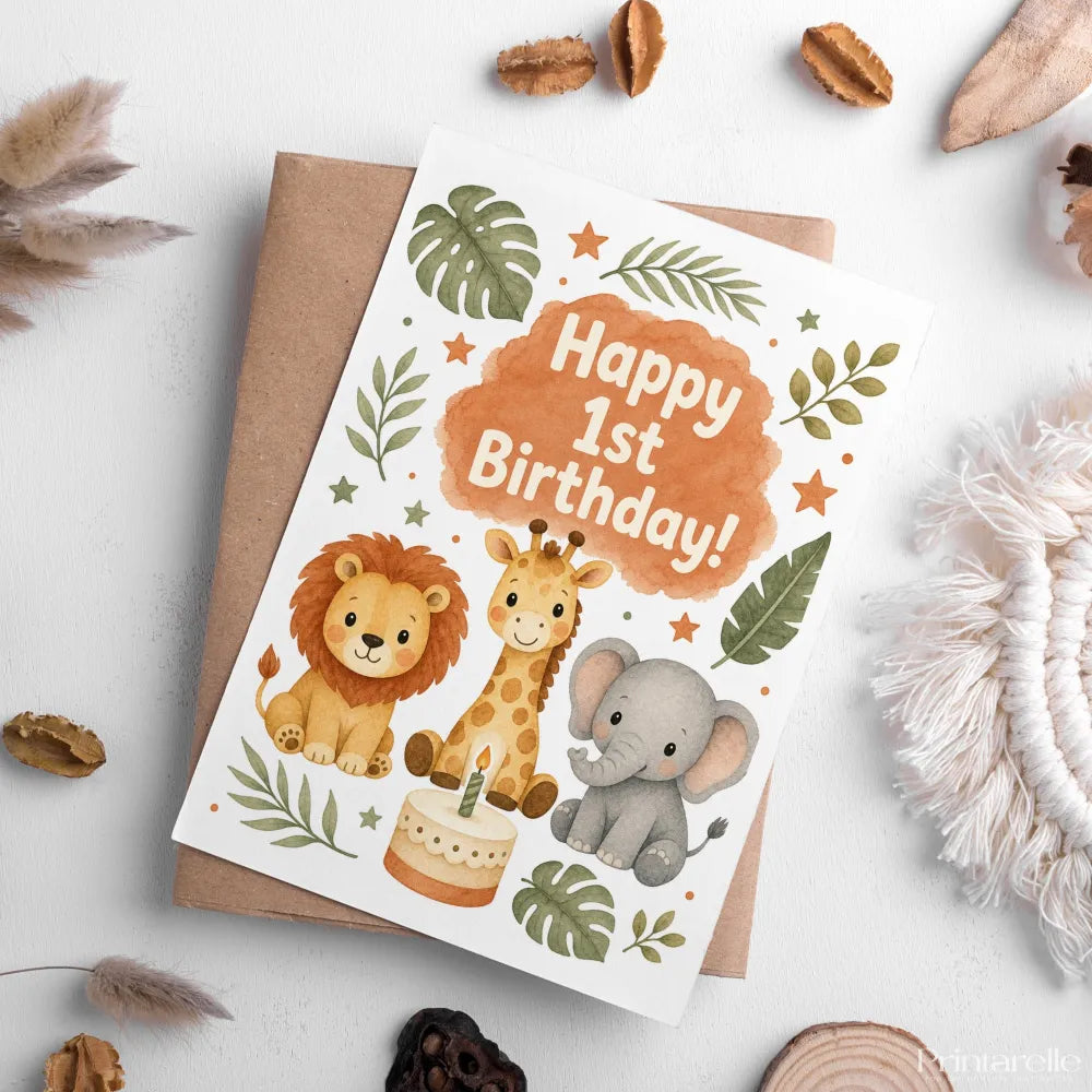 Happy 1st Birthday Safari Animals Watercolour Card - 1st birthday, birthday cards, happy 1st birthday, birthday safari