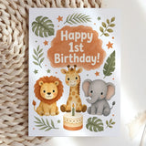 Happy 1st Birthday Safari Animals Watercolour Card - 1st birthday, birthday cards, happy 1st birthday, birthday safari