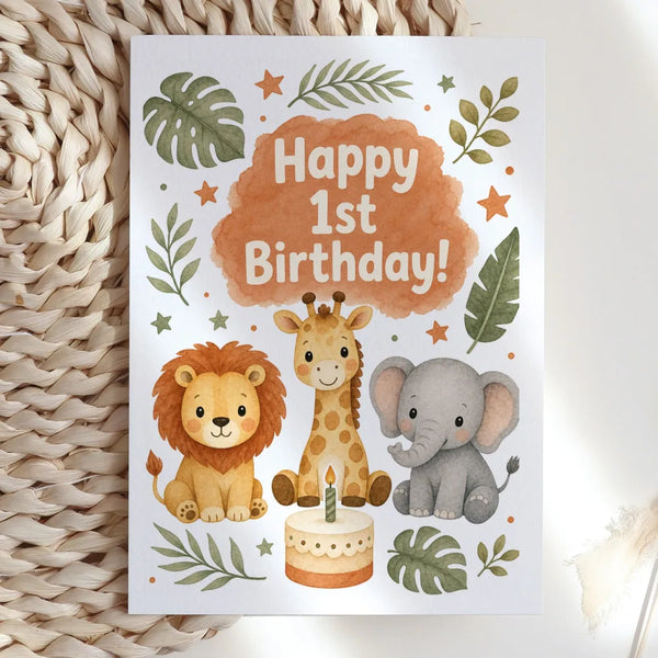Happy 1st Birthday Safari Animals Watercolour Card - 1st birthday, birthday cards, happy 1st birthday, birthday safari