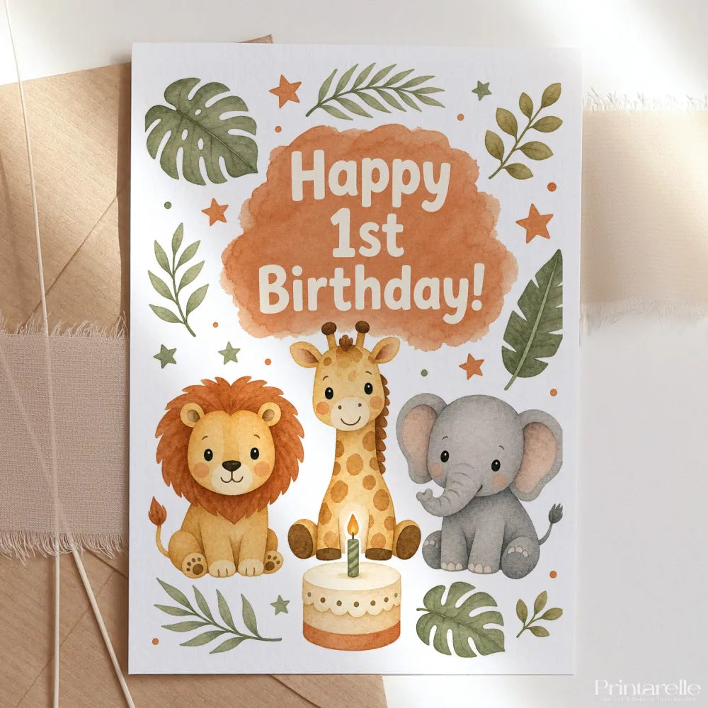 Happy 1st Birthday Safari Animals Watercolour Card - 1st birthday, birthday cards, happy 1st birthday, birthday safari