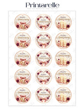 Happy anniversary cupcake toppers with elegant floral designs and gold script on a delicate background gift box