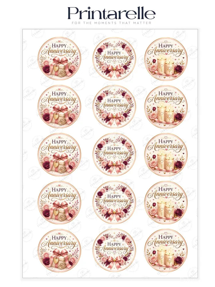 Happy anniversary cupcake toppers with elegant floral designs and gold script on a delicate background gift box