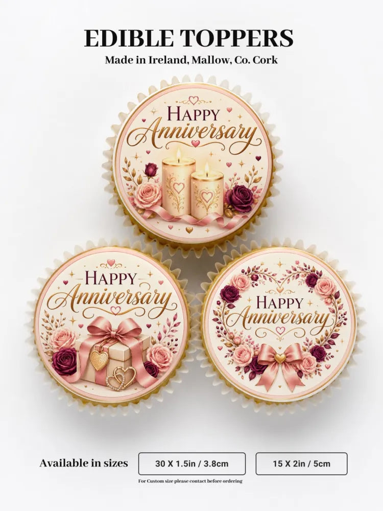 Pink and gold happy anniversary cupcake toppers with floral designs candles and gift box for anniversary cupcakes