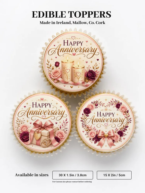 Pink and gold happy anniversary cupcake toppers with floral designs candles and gift box for anniversary cupcakes