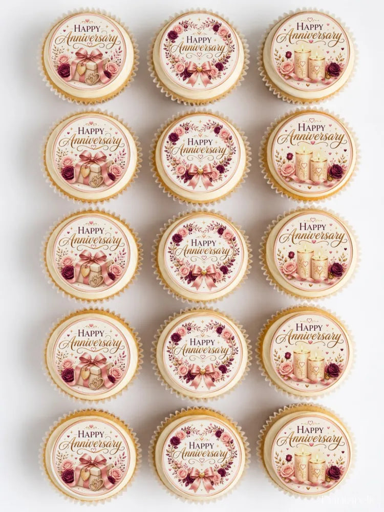 Delicate round anniversary cupcake toppers with pink rose gold floral designs and bows on cream cupcakes in a gift box
