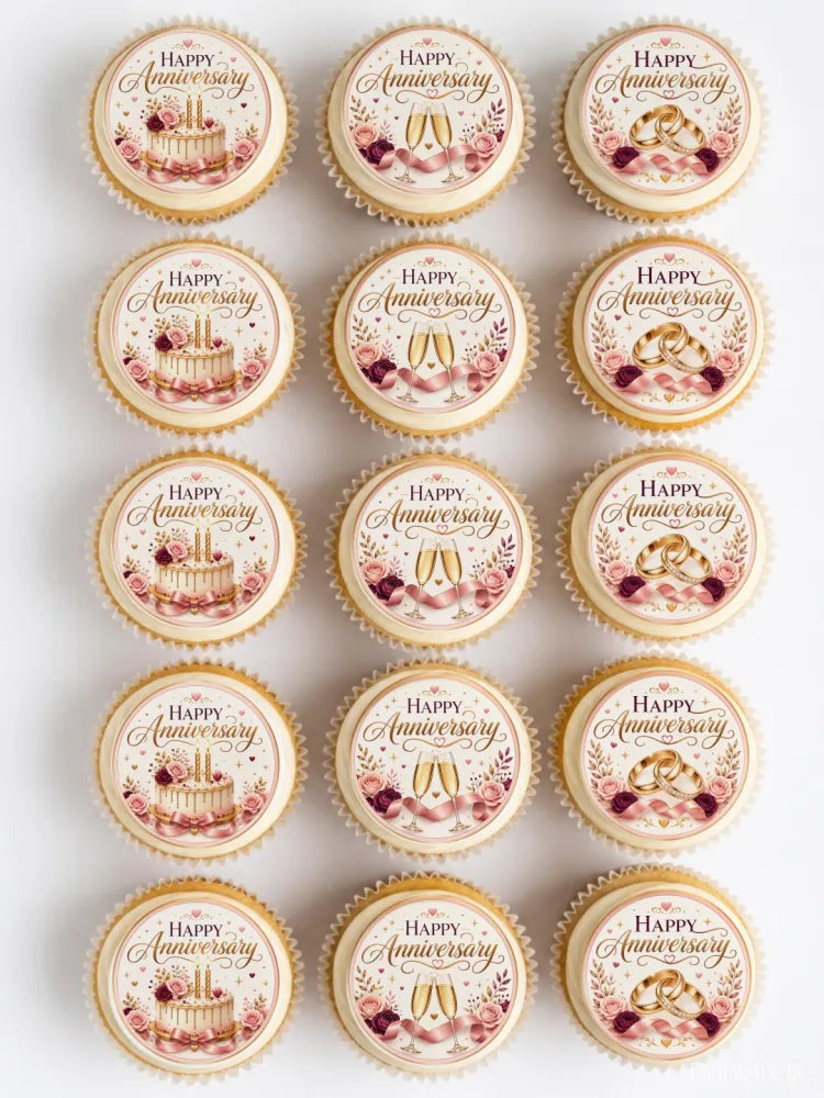 Delicate round edible cupcake toppers with happy anniversary script pink roses and gold rings on cream icing sheet