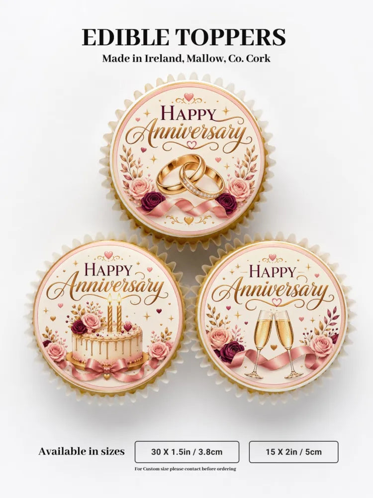 Happy anniversary edible cupcake toppers with gold script pink roses and rings or flutes on cream icing sheet