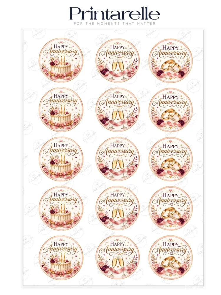 Printable happy anniversary edible cupcake toppers with gold script rose champagne on soft pink icing sheet