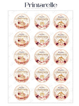 Printable happy anniversary edible cupcake toppers with gold script rose champagne on soft pink icing sheet