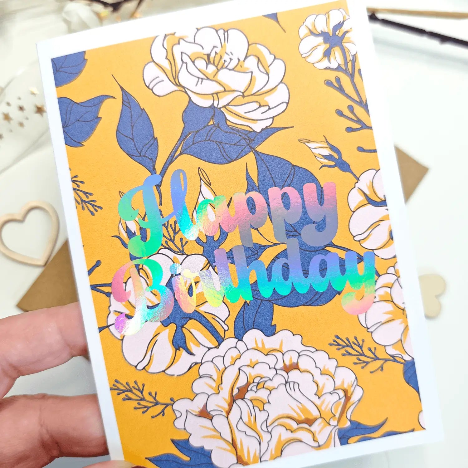 Happy Birthday – Bold Foil Floral Card in Yellow & Blue - Greeting Card