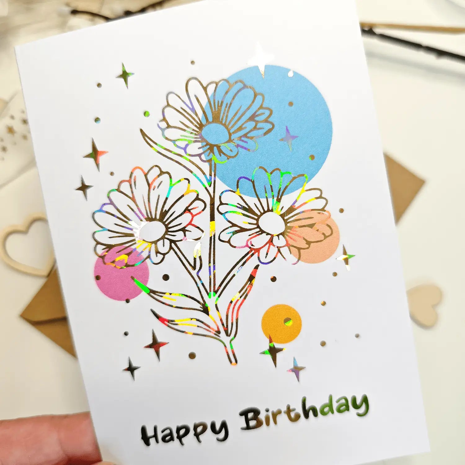 Happy Birthday Card with Foil | Modern Daisy Flower Design - Greeting Card
