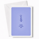 Simple, sweet, and straight to the point. A single illustrated striped tie sits centre stage on a soft blue background,