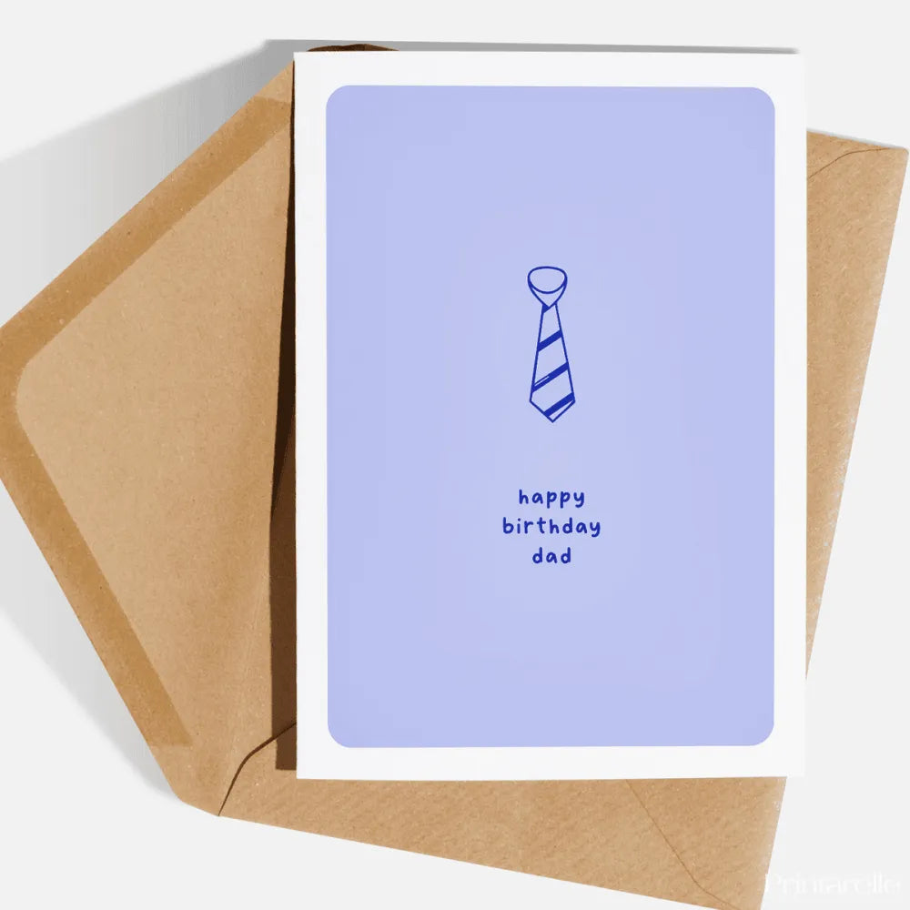 Simple, sweet, and straight to the point. A single illustrated striped tie sits centre stage on a soft blue background,