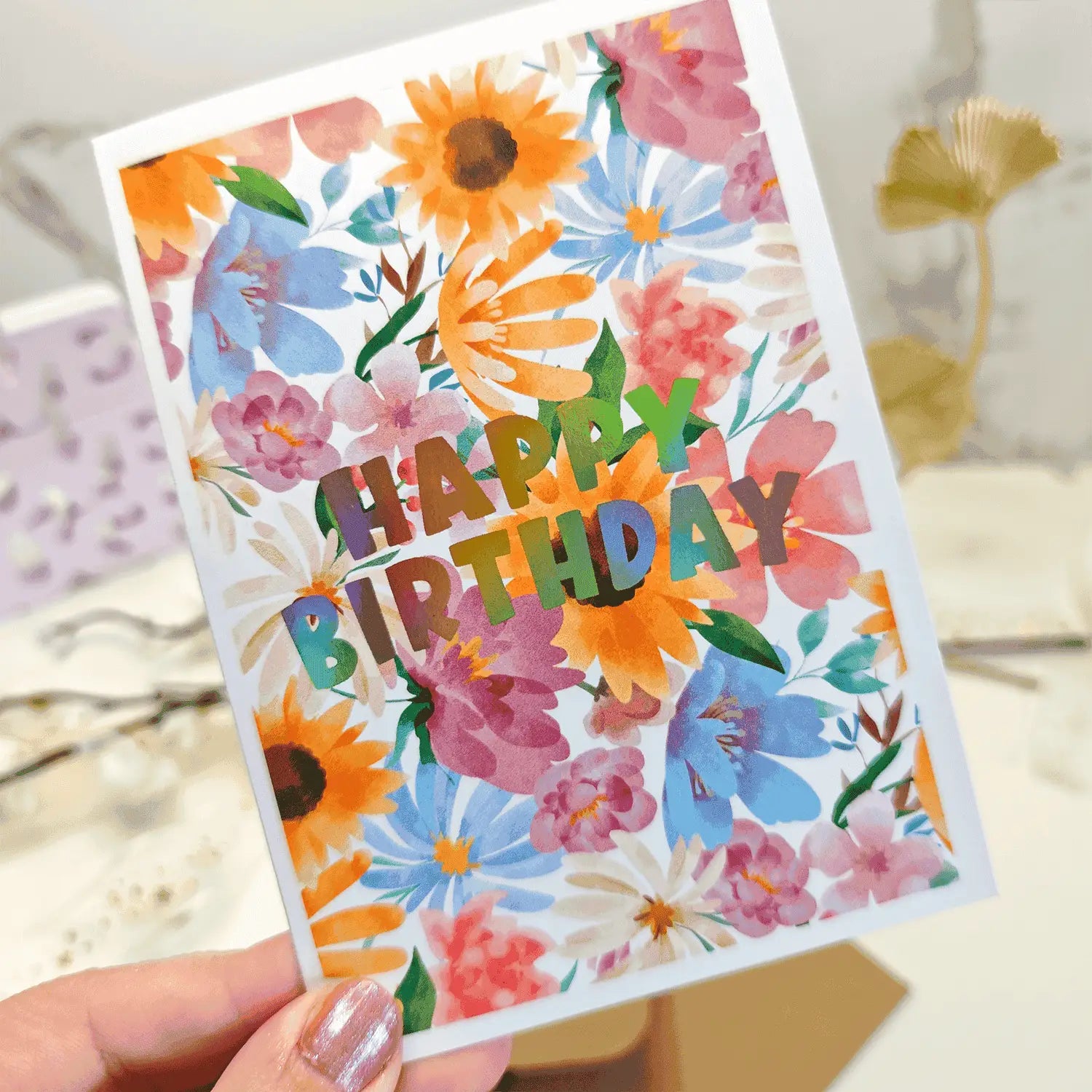 Happy Birthday – Gold Foil Colorful Floral Greeting Card - Greeting Card