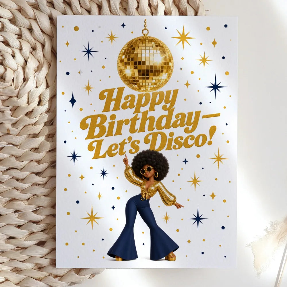 Happy Birthday Let’s Disco Gold Dancer Birthday Card - birthday card, retro dancer, happy birthday, gold disco ball,