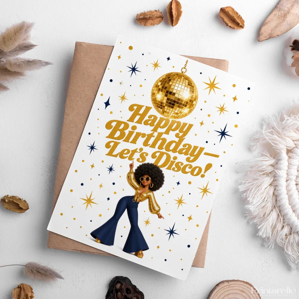 Happy Birthday Let’s Disco Gold Dancer Birthday Card - birthday card, retro dancer, happy birthday, gold disco ball,