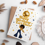 Happy Birthday Let’s Disco Gold Dancer Birthday Card - birthday card, retro dancer, happy birthday, gold disco ball,