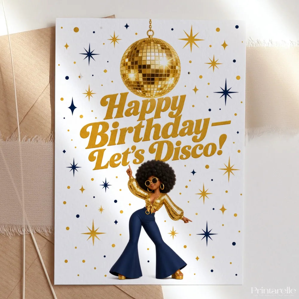 Happy Birthday Let’s Disco Gold Dancer Birthday Card - birthday card, retro dancer, happy birthday, gold disco ball,
