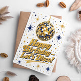 Happy Birthday Let’s Disco Navy Gold Birthday Card - birthday card, happy birthday, gold disco ball, dance floor, gold