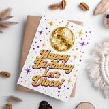 Happy Birthday Let’s Disco Purple Gold Birthday Card - gold disco ball, birthday card, gold disco, disco ball, happy