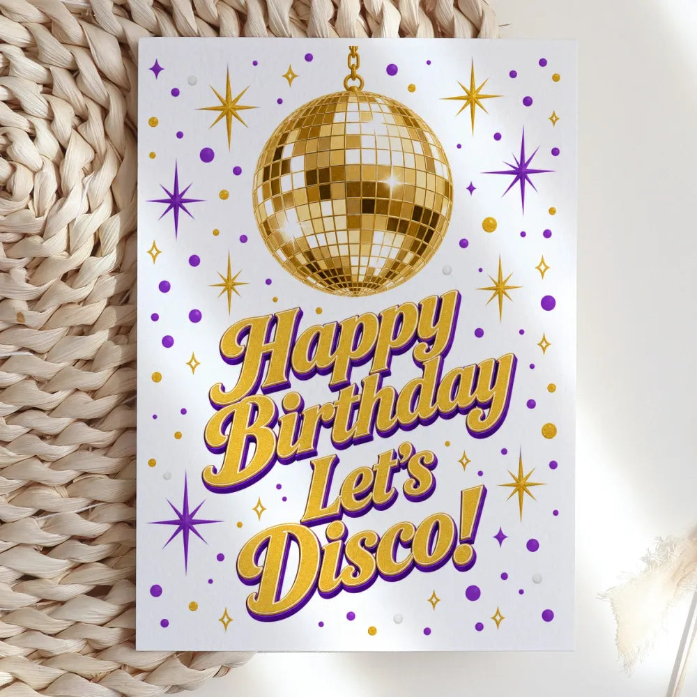 Happy Birthday Let’s Disco Purple Gold Birthday Card - gold disco ball, birthday card, gold disco, disco ball, happy