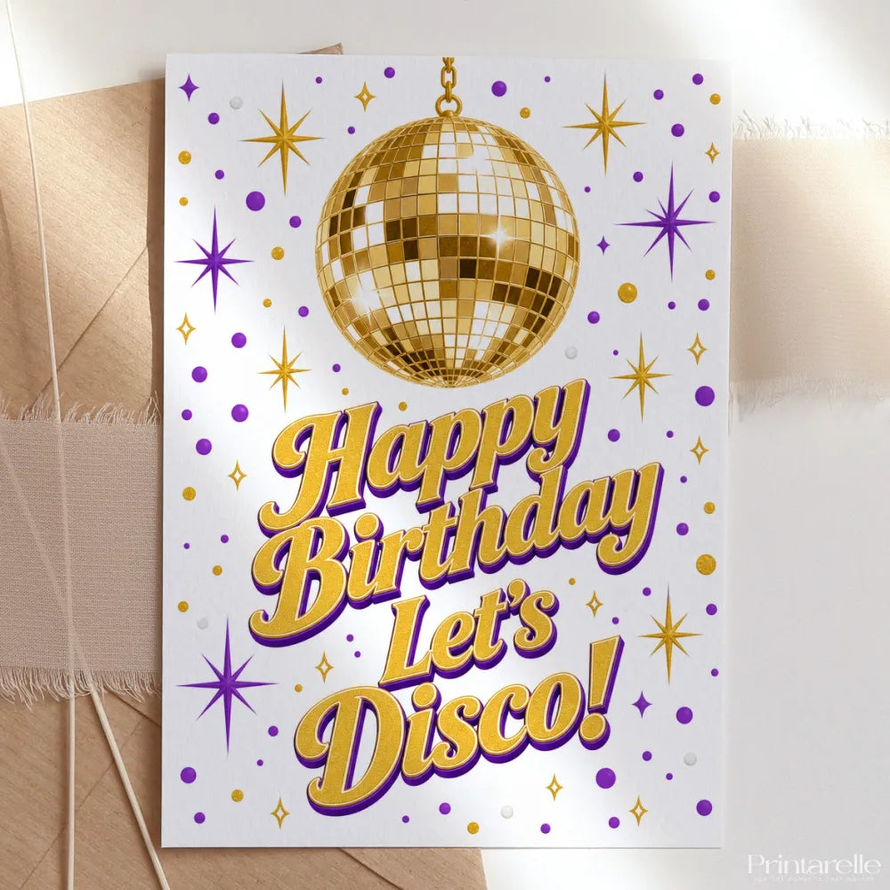 Happy Birthday Let’s Disco Purple Gold Birthday Card - gold disco ball, birthday card, gold disco, disco ball, happy