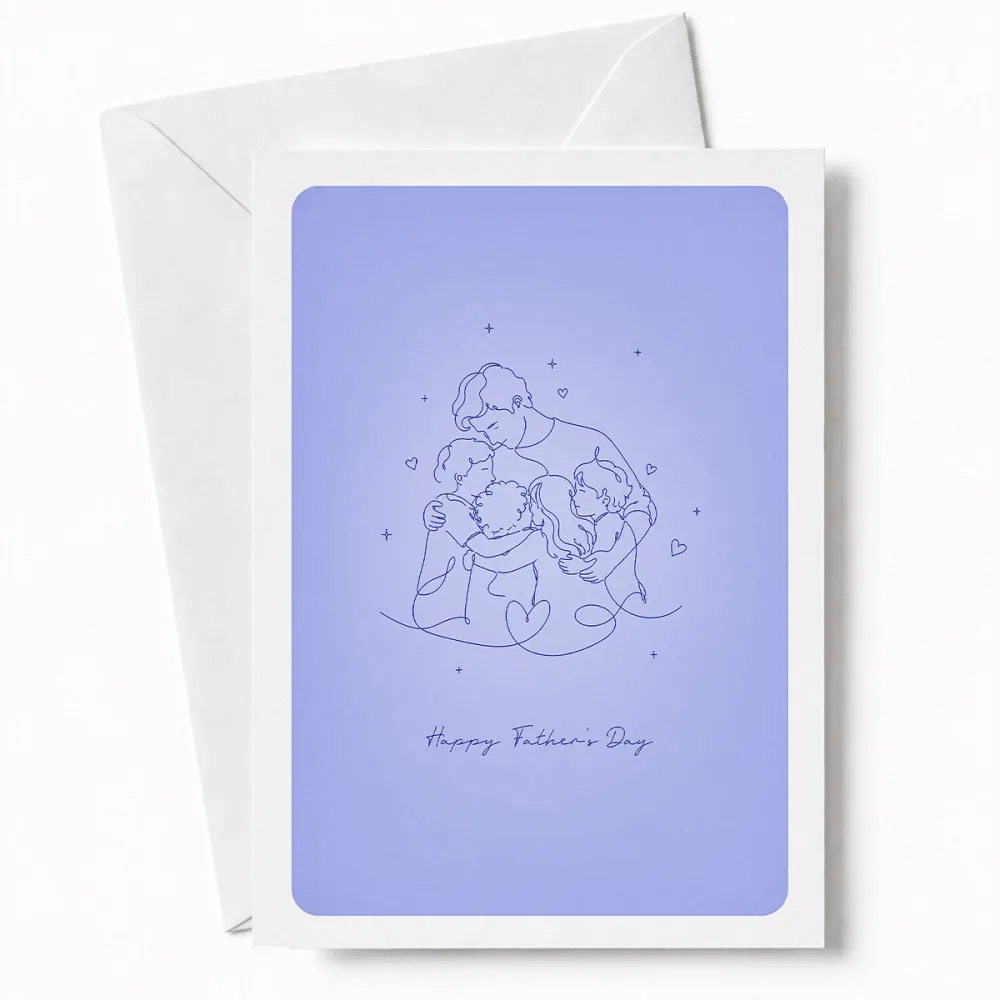 A card full of warmth and wonder. This beautiful line art illustration shows a dad wrapped in a gentle group hug