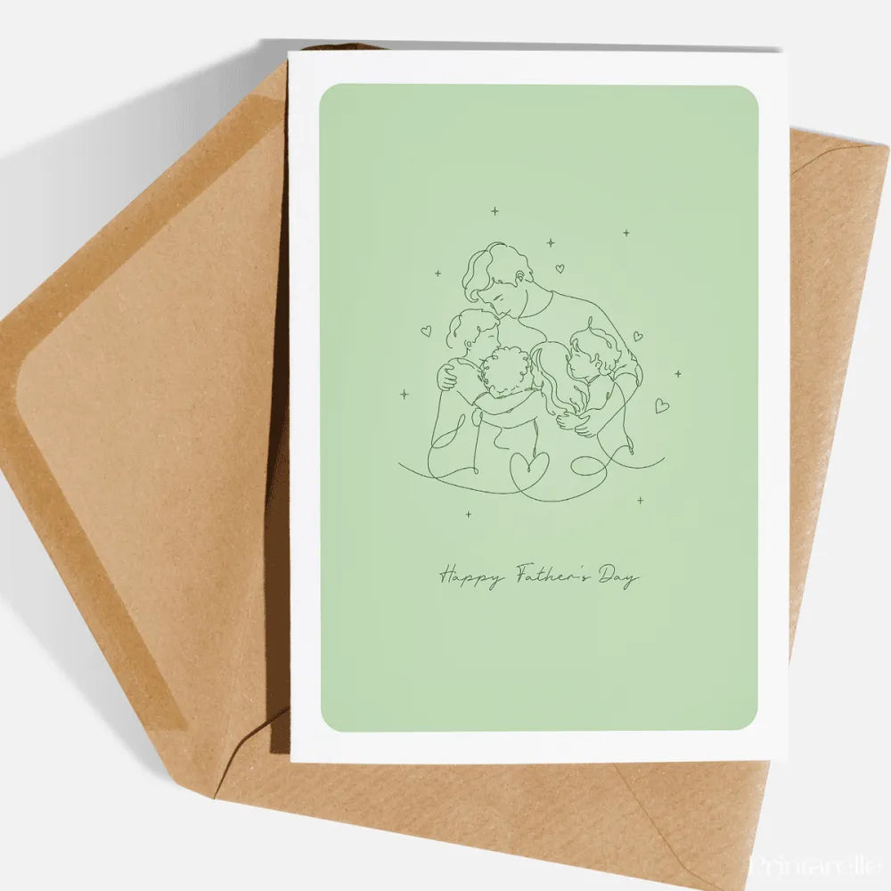A card full of warmth and wonder. This beautiful line art illustration shows a dad wrapped in a gentle group hug