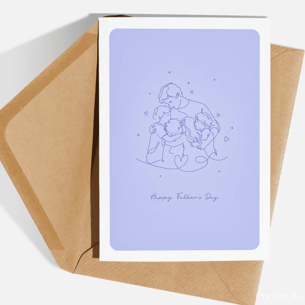 A card full of warmth and wonder. This beautiful line art illustration shows a dad wrapped in a gentle group hug
