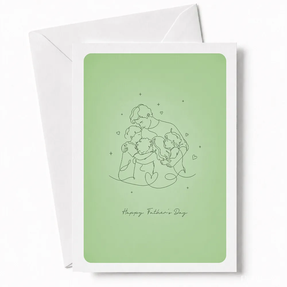 A card full of warmth and wonder. This beautiful line art illustration shows a dad wrapped in a gentle group hug