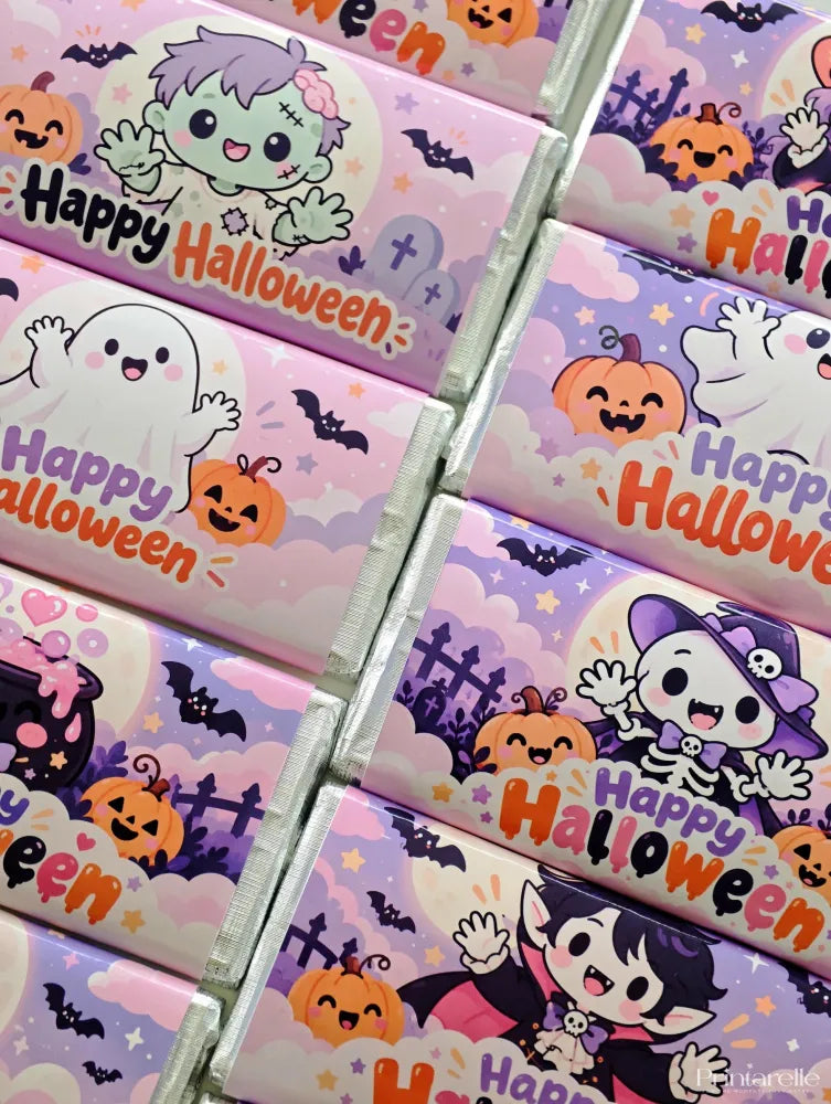 Happy halloween personalised 40g chocolate bar favour with pink and purple halloween-themed chocolate bars and cartoon characters