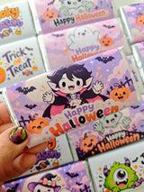 Happy halloween personalised 40g chocolate bar favour with purple and white halloween wrapper and cartoon vampire design
