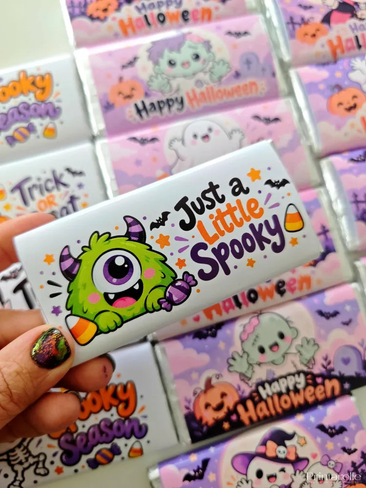 Happy halloween personalised 40g chocolate bar wrapper with white background green monster and halloween icons