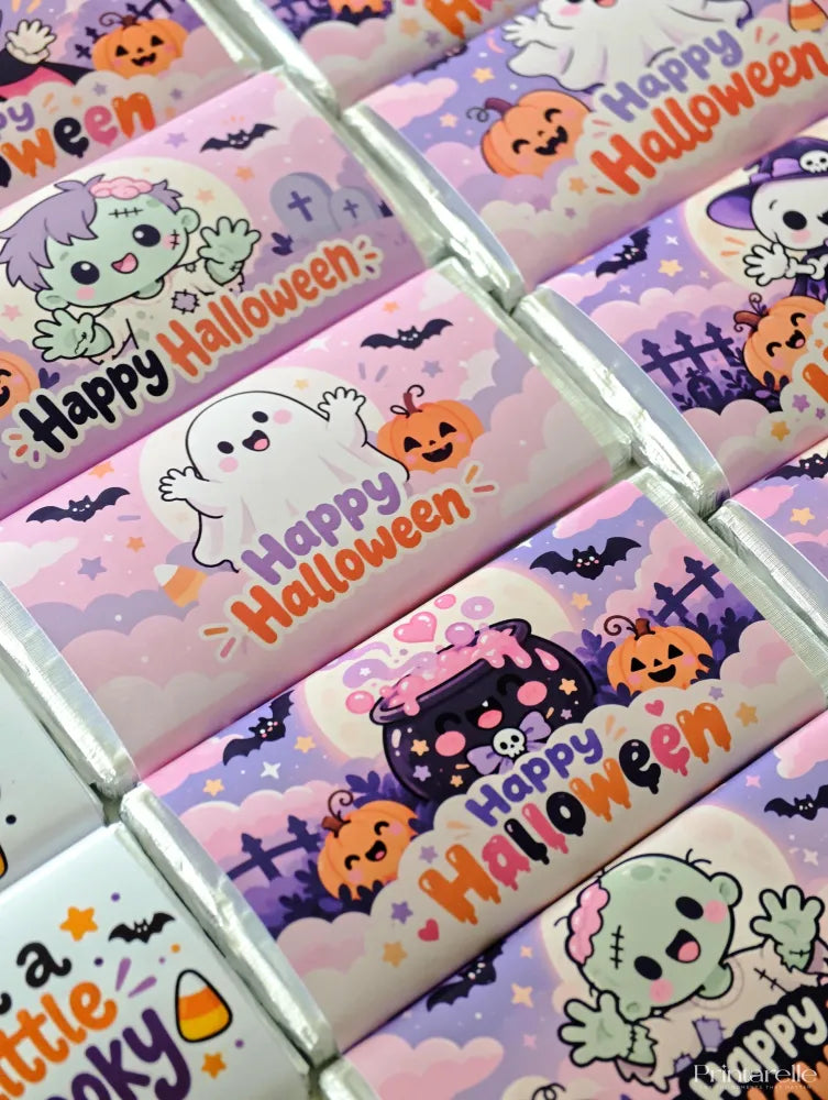 Happy halloween personalised 40g chocolate bar favour with pink and purple foil and cartoon halloween characters