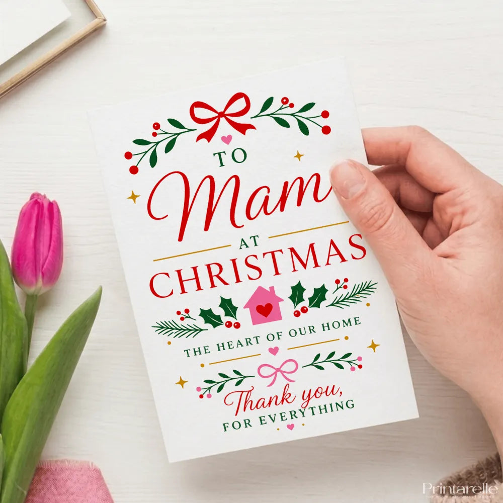 A festive white mam christmas card with red and green holiday illustrations and the message to mom at christmas
