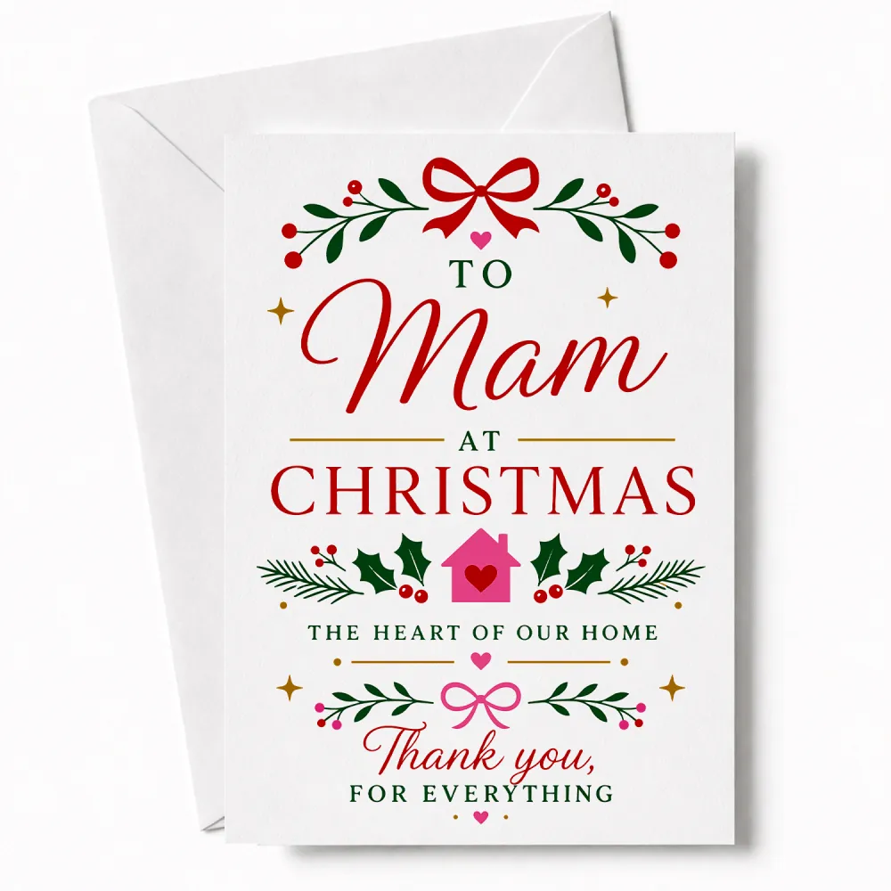 A festive white mam christmas card with red and green illustrations and elegant script on 300gsm card stock