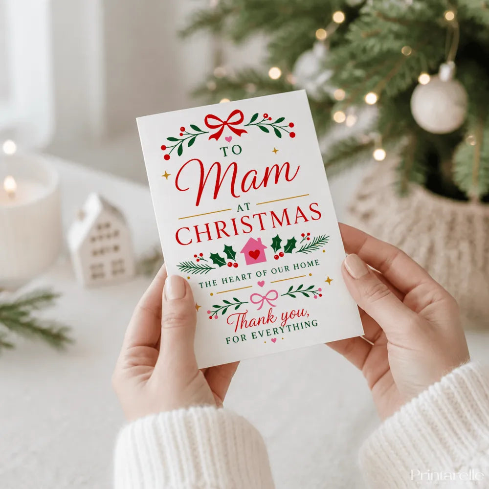 White christmas card with red and green holiday illustrations and elegant mam christmas message for mom at christmas