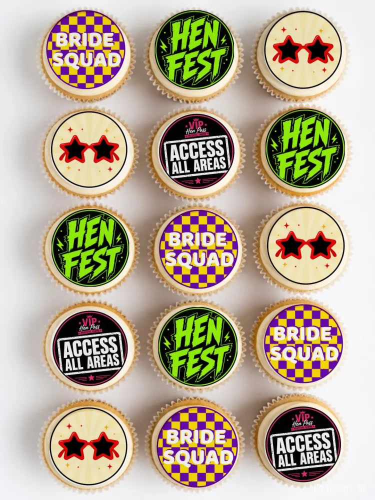 Decorative hen fest hen party cupcake toppers with colorful festive designs like bride squad and access all areas