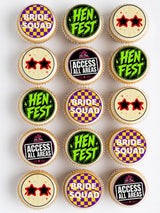 Decorative hen fest hen party cupcake toppers with colorful festive designs like bride squad and access all areas