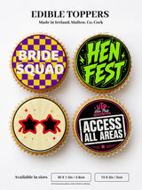 Four colorful edible hen fest festival hen party cupcake toppers with fun designs for a hen party celebration