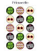 Circular hen party cupcake toppers with neon green hen fest text purple checks red stars and black and white labels