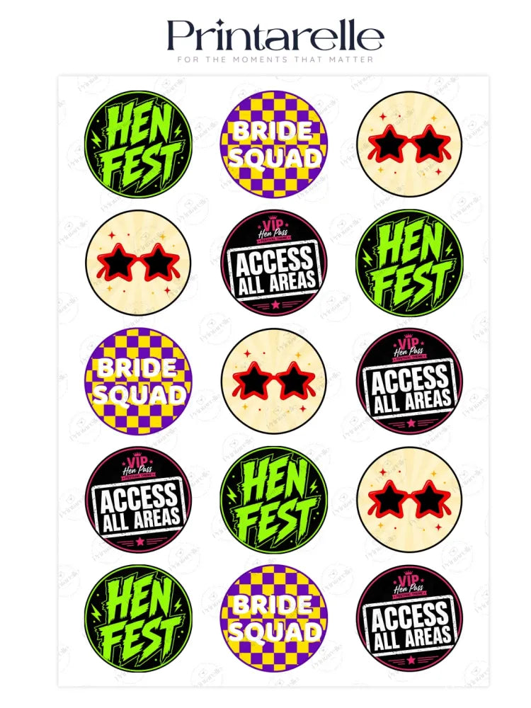 Circular hen party cupcake toppers with neon green hen fest text purple checks red stars and black and white labels