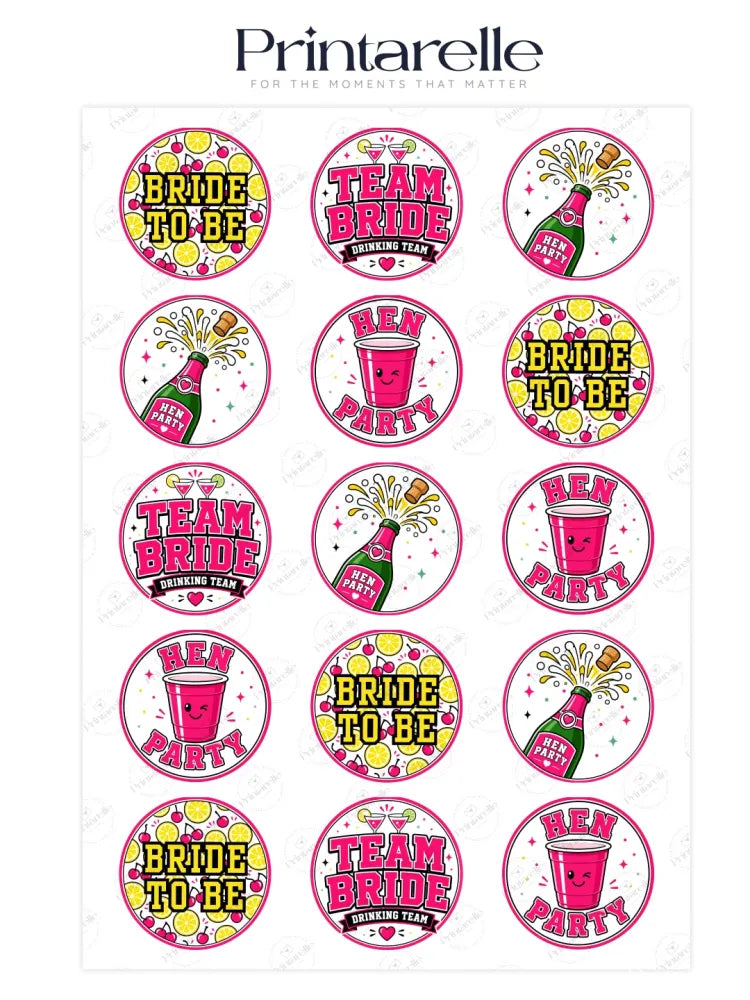 Pink circular hen party cupcake toppers with festive team bride text, champagne bottles, and smiling cups