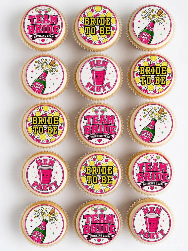 Pink and yellow hen party cupcake toppers with bride to be and team bride designs for festive celebrations