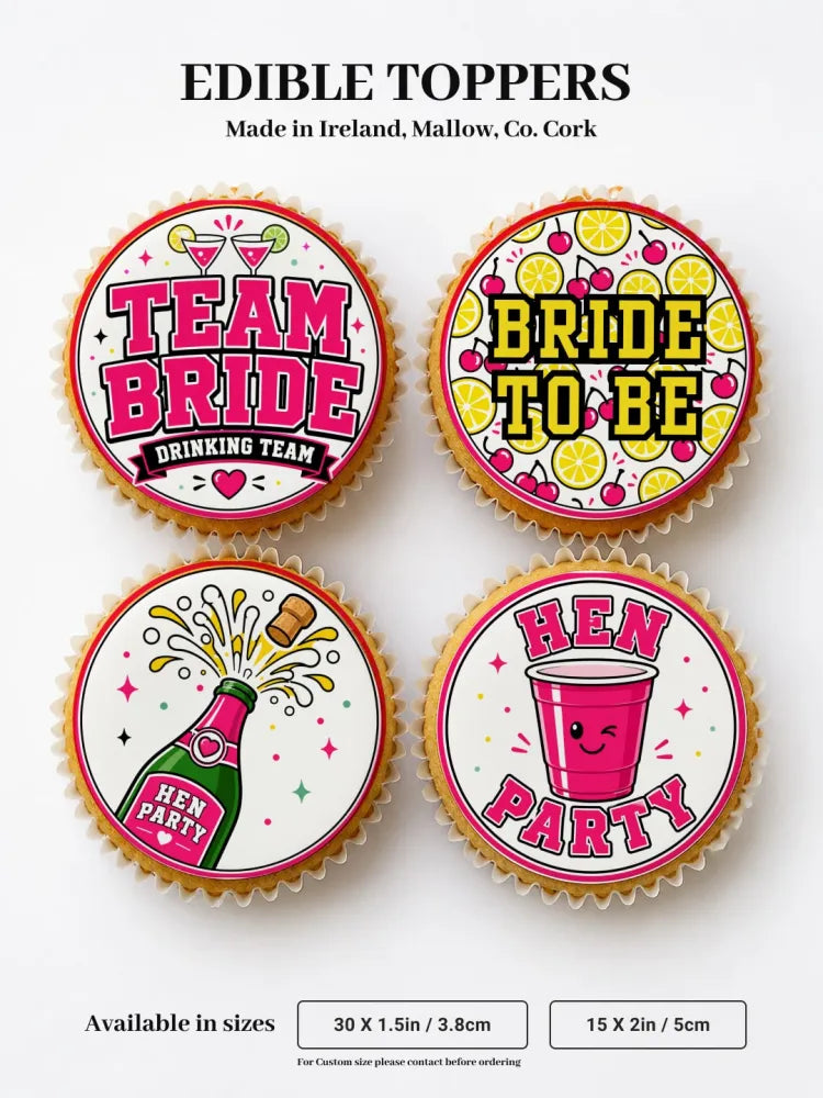 Pink and white edible hen party cupcake toppers featuring festive team bride and bride to be designs