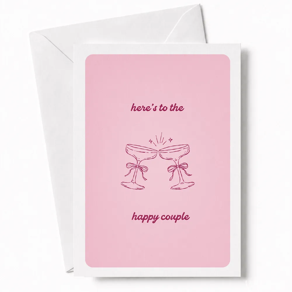 Here’s to the Happy Couple | Wedding Card - wedding card, happy couple, coupe glasses, wedding day, kraft envelope