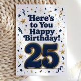 Here’s to You Happy Birthday 25th Navy Gold Card - 25th birthday card, gold design, happy birthday, blank inside, kraft